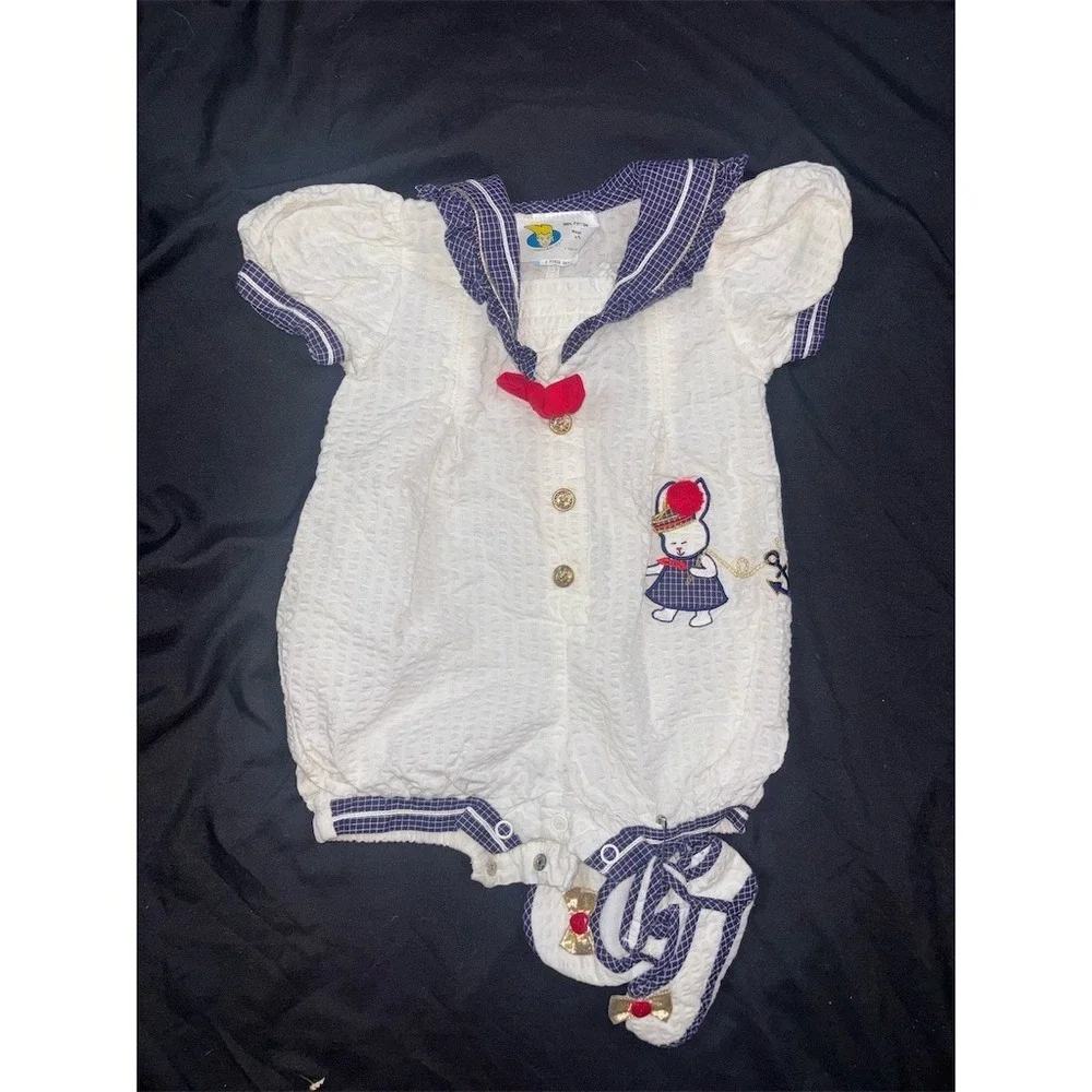 Punky's Kidz USA Baby Girls Sailor Romper & Booties 2-Piece Set seersucker 0-3M